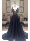 A-Line Long Black Lace V-Neck Prom Dresses Party Evening Gowns 99602384