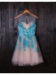 Short Illusion Neckline Blue Lace Appliques Homecoming Cocktail Prom Dresses 99602385