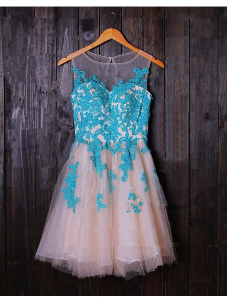Short Illusion Neckline Blue Lace Appliques Homecoming Cocktail Prom Dresses 99602385
