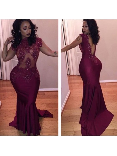 Sexy Illusion Bodice Lace Mermaid Deep V-Back Long Prom Dresses Party Evening Gowns 99602391