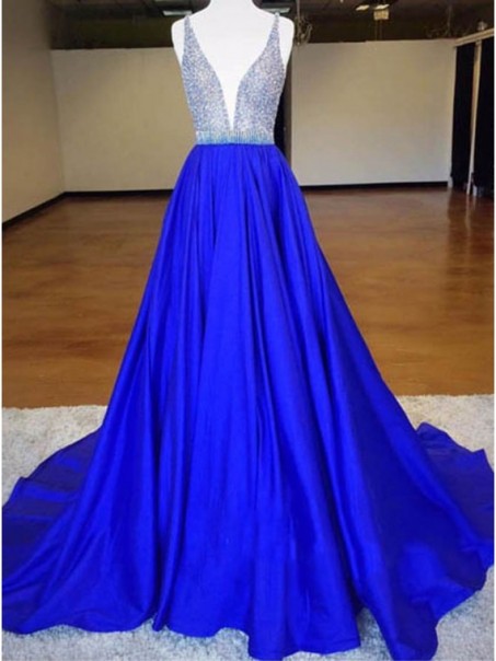 A-Line Long Blue V-Neck Prom Dresses Party Evening Gowns 99602392