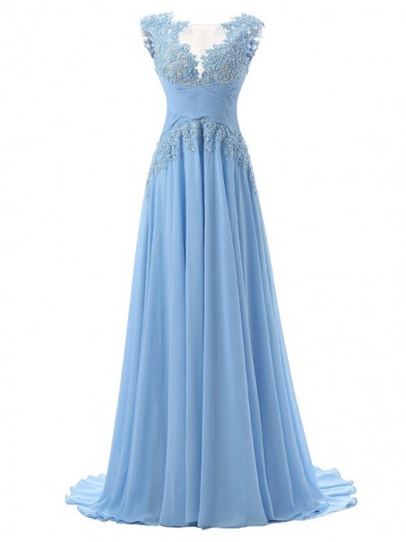 Long Blue Chiffon Illusion Bodice Lace Prom Dresses Party Evening Gowns 99602393