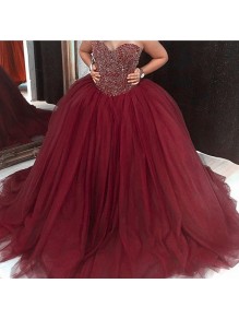 Ball Gown Sweeteart Burgundy Beaded Tulle Prom Dresses Party Evening Gowns 99602399