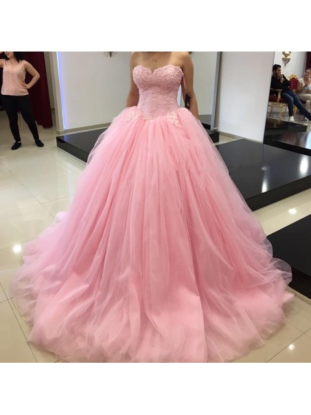 Ball Gown Sweeteart Pink Lace Tulle Prom Dresses Party Evening Gowns 99602401
