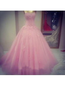 Ball Gown Sweetheart Lace Tulle Long Pink Prom Dresses Party Evening Gowns 99602404