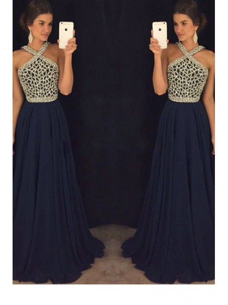 A-Line Beaded Long Navy Chiffon Prom Dresses Party Evening Gowns 99602410 A-Line Beaded Long Navy Chiffon Prom Dresses Party Evening Gowns 99602410