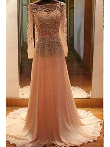 A-Line Long Sleeves Beaded Backless Prom Dresses Party Evening Gowns 99602411