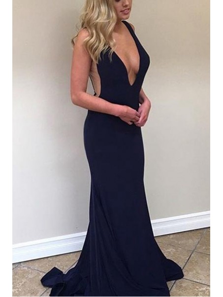 Sexy Low V-Neck Long Navy Blue Prom Dresses Party Evening Gowns 99602420