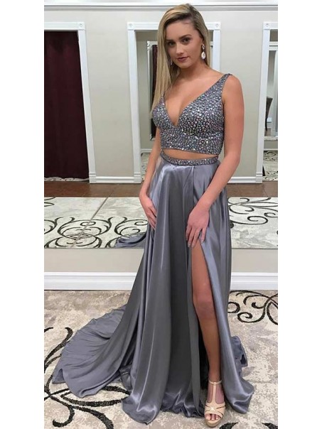 Sexy Beaded Two Pieces V-Neck Silver Prom Dresses Party Evening Gowns with Slit 99602421