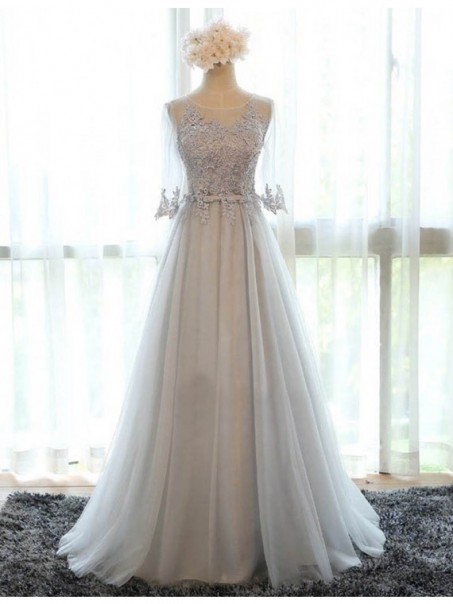 A-Line Illusion Neckilne 3/4 Length Sleeves Prom Dresses Party Evening Gowns 99602425