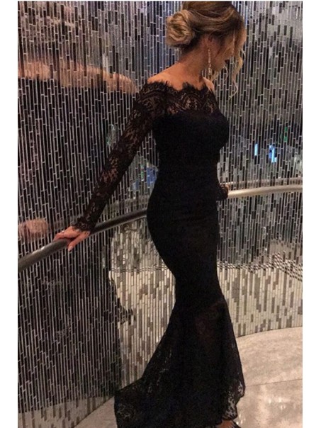 Long Black Off-the-Shoulder Lace Mermaid Prom Dresses Party Evening Gowns 99602426