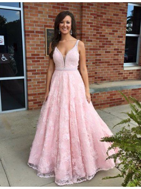 A-Line Long Pink Lace V-Neck Prom Dresses Party Evening Gowns 99602437 A-Line Long Pink Lace V-Neck Prom Dresses Party Evening Gowns 99602437