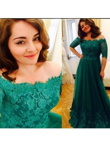 Long Green Lace Off-the-Shoulder Prom Dresses Party Evening Gowns 99602438