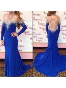Long Blue Mermaid Beaded Illusion Neckline Prom Dresses Party Evening Gowns 99602439