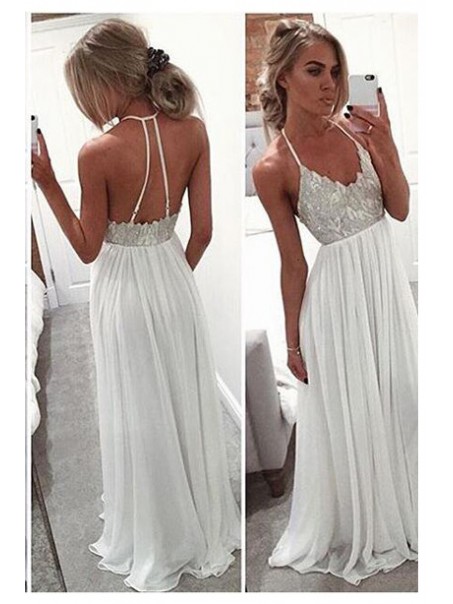 Long White Spaghetti Straps Chiffon Prom Dresses Party Evening Gowns 99602443