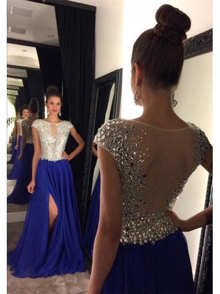 Long Blue Beaded Prom Dresses Party Evening Gowns 99602446