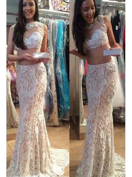 Two Pieces Lace Illusion Neckline Prom Dresses Party Evening Gowns 99602455 Two Pieces Lace Illusion Neckline Prom Dresses Party Evening Gowns 99602455
