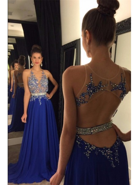 Long Blue Beaded Lace Appliques Illusion Bodice Prom Dresses Party Evening Gowns 99602459