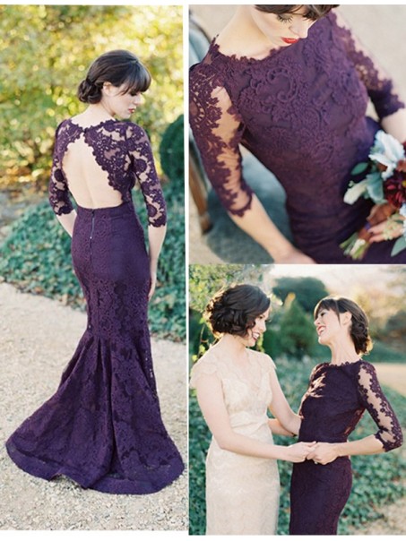 3/4 Length Sleeves Mermaid Long Purple Lace Prom Dresses Party Evening Gowns 99602464