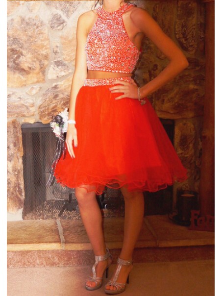 Beaded Tulle Two Pieces Short Homecoming Cocktail Prom Dresses 99602466