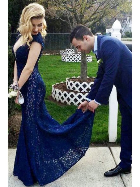 Long Blue Mermaid Lace Open Back Prom Dresses Party Evening Gowns 99602473
