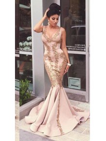 Mermaid Gold Lace Appliques Prom Dresses Party Evening Gowns 99602475
