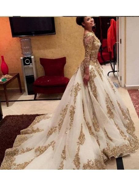 Gold Lace Appliques Long Sleeves Prom Dresses Party Evening Gowns 99602478
