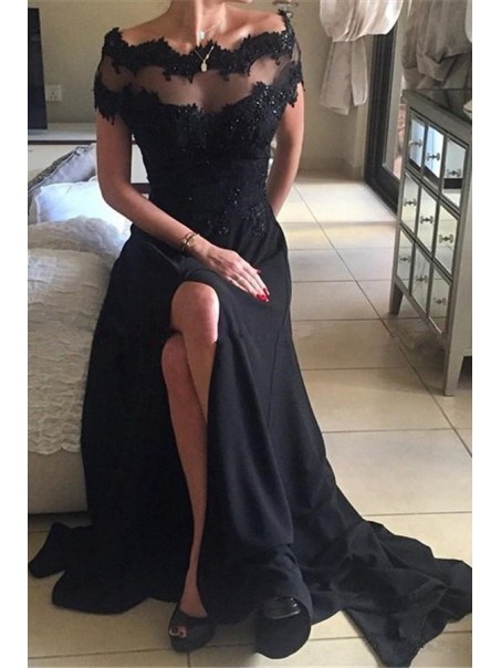 Long Black Illusion Neckline Lace Chiffon Prom Dresses Party Evening Gowns 99602481 Long Black Illusion Neckline Lace Chiffon Prom Dresses Party Evening Gowns 99602481