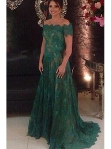 Long Green Lace Off-the-Shoulder Prom Dresses Party Evening Gowns 99602498