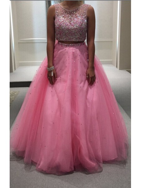 Beaded Two Pieces Long Pink Keyhole Back Prom Dresses Party Evening Gowns 99602503