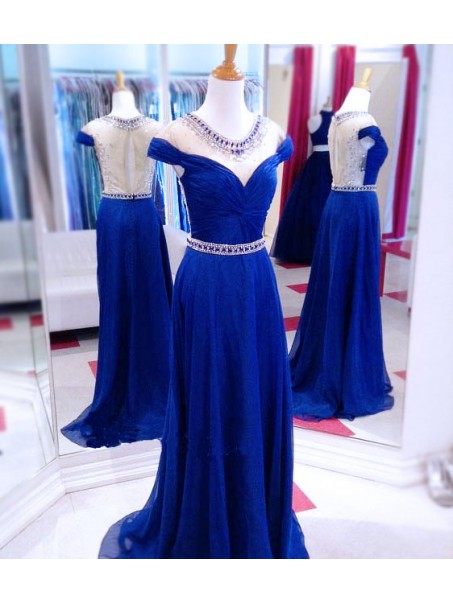 Long Blue Beaded Illusion Neckline Prom Dresses Party Evening Gowns 99602511 Long Blue Beaded Illusion Neckline Prom Dresses Party Evening Gowns 99602511
