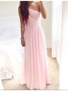Long Pink One-Shoulder Chiffon Prom Dresses Party Evening Gowns 99602512