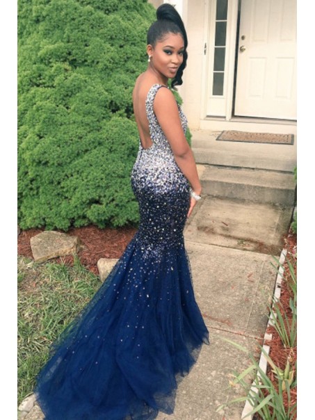 Mermaid Beaded Long Blue Prom Dresses Party Evening Gowns 99602513