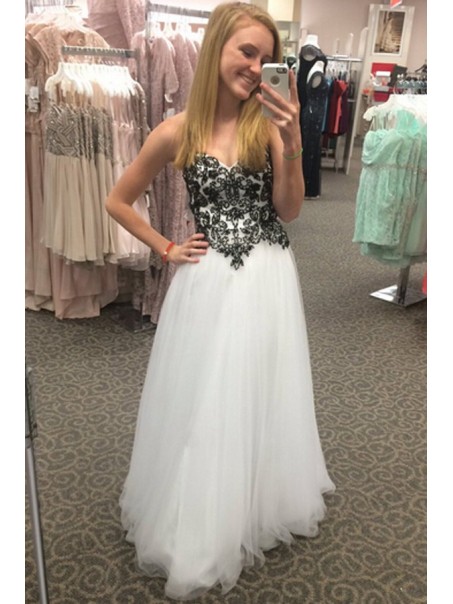 Long Black White Lace and Tulle Prom Dresses Party Evening Gowns 99602514