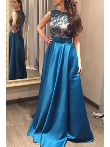 A-Line Jewel Neckline Lace Satin Long Prom Dresses Party Evening Gowns 99602520 A-Line Jewel Neckline Lace Satin Long Prom Dresses Party Evening Gowns 99602520