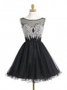 Short/Mini Illusion Neckline Beaded Black Homecoming Cocktail Prom Dresses 99602523 Short/Mini Illusion Neckline Beaded Black Homecoming Cocktail Prom Dresses 99602523