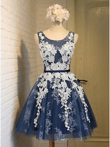Short Blue Tulle White Lace Appliques Homecoming Cocktail Prom Dresses 99602527
