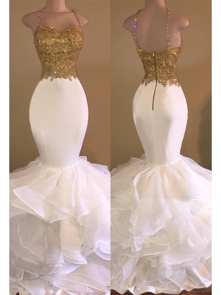 Ruffles Gold Lace Appliques Sleeveless Evening Dress Spaghetti Strap Gold Beading Sexy Mermaid Prom Dresses 99602551 Ruffles Gold Lace Appliques Sleeveless Evening Dress Spaghetti Strap Gold Beading Sexy Mermaid Prom Dresses 99602551