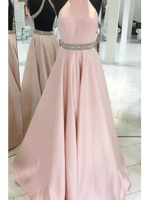 Long Pink Backless Beaded Halter Party Prom Evening Dresses 99602552