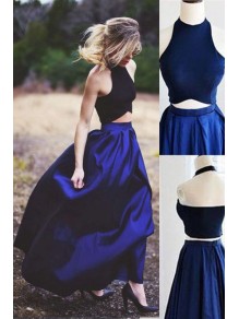 Chic Two Pieces Halter Sleeveless Royal Blue Floor-Length Prom Dresses 99602553