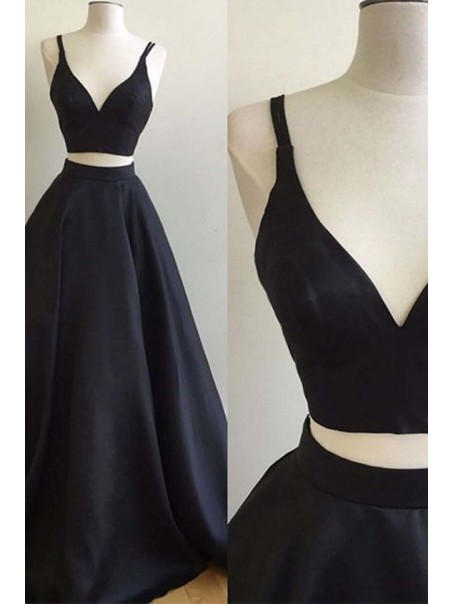 A-Line Two Pieces Simple Long Black Prom Dresses 99602554