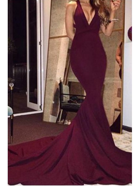 Mermaid Low V-Neck Burgundy Long Prom Dresses 99602555