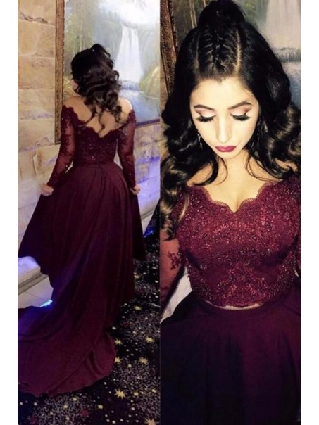 Assymetrical Two Pieces Lace Burgundy Long Evening Party Prom Dresses 99602556