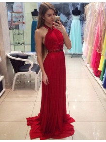 Long Red Halter Pleated Chiffon Prom Party Dresses 99602558