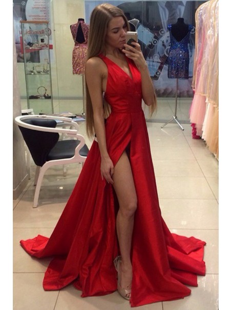 Sexy Long Red V-Neck High Slit Simple Prom Party Dresses 99602561 Sexy Long Red V-Neck High Slit Simple Prom Party Dresses 99602561
