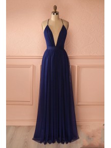 Sexy Long Blue Low V-Neck Simple Tulle Prom Party Dresses 99602562