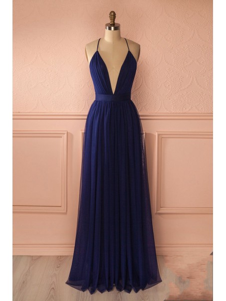 Sexy Long Blue Low V-Neck Simple Tulle Prom Party Dresses 99602562