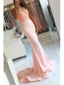 Elegant Mermaid Halter Lace Long Pink Prom Evening Dresses 99602563