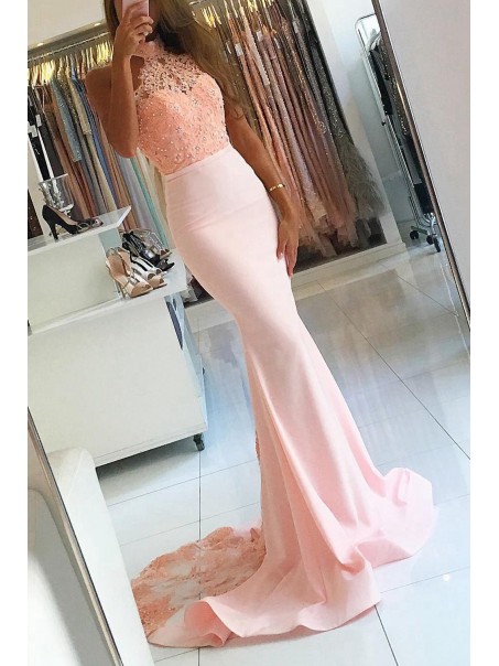 Elegant Mermaid Halter Lace Long Pink Prom Evening Dresses 99602563