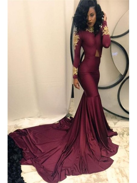 Sexy Mermaid Long Sleeves Prom Evening Dresses with Gold Lace Appliques 99602565 Sexy Mermaid Long Sleeves Prom Evening Dresses with Gold Lace Appliques 99602565